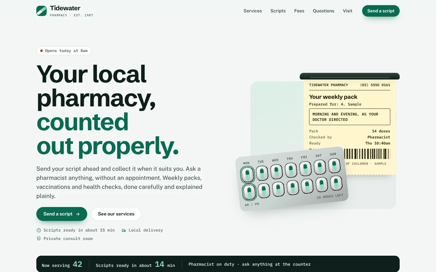 Remedy template home page: a plain-promise headline beside a label printer feeding out a pale yellow dispensing label over a blister pack