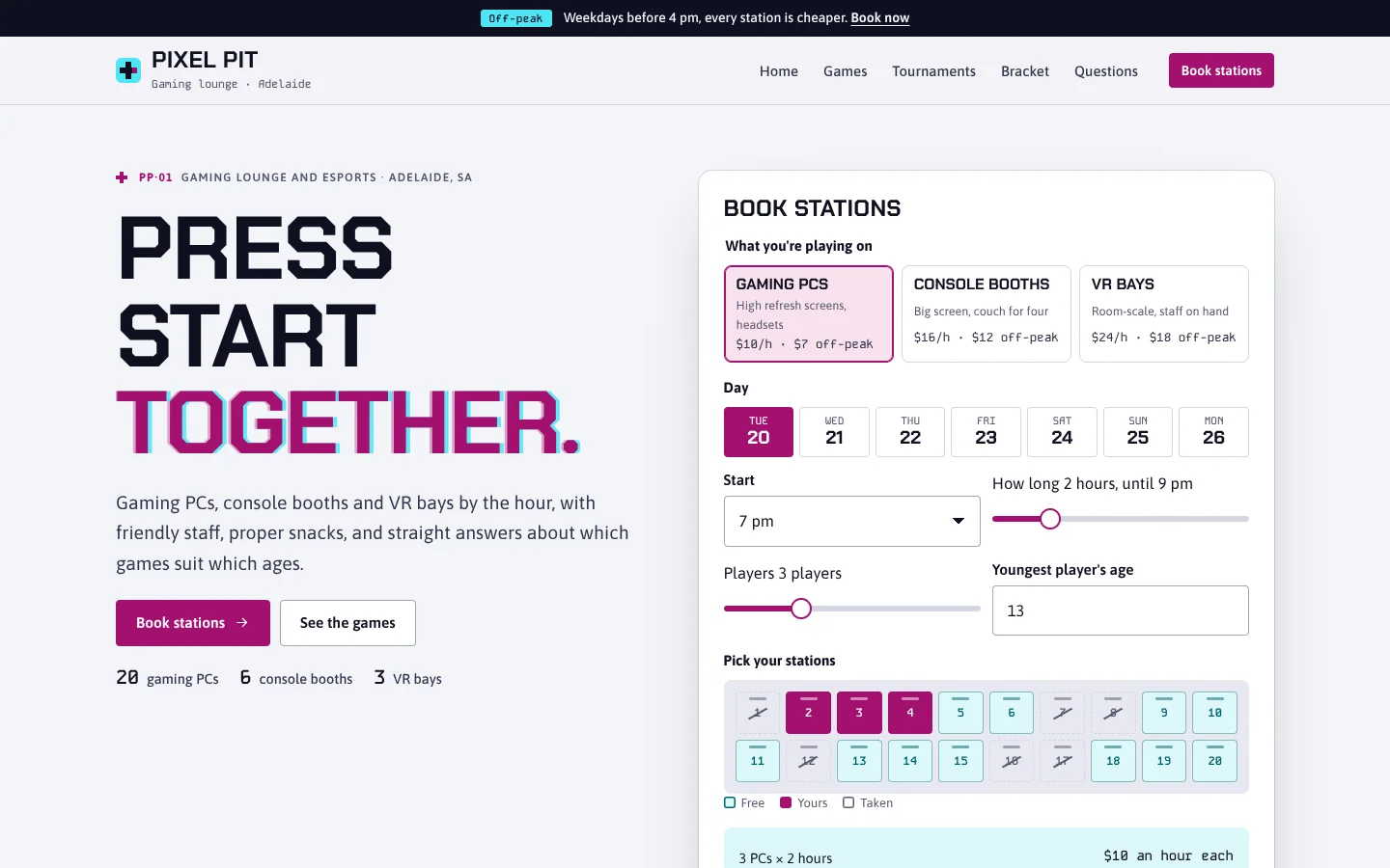 Respawn template home page: a squared capital headline 'Press start together.' with the last word in magenta and a cyan ghost, beside a station booker with PC, console and VR options, a row of days, start and length controls, and a seat map with three PCs chosen and a $60 total