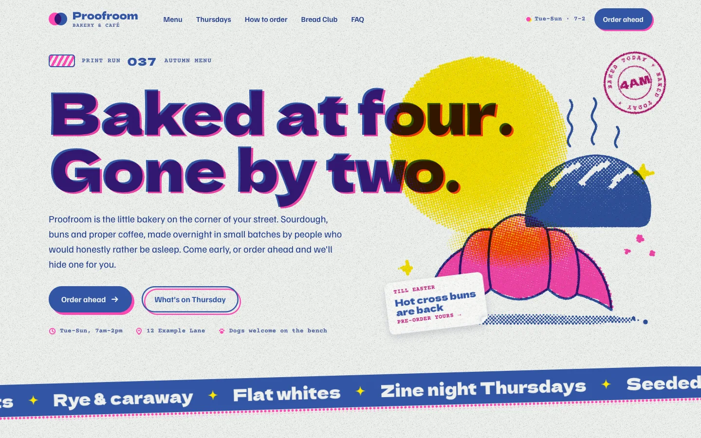 Riso template home page: a chunky blue headline with a pink ghost, overprinted by a halftone yellow sun, a blue loaf and a pink croissant on cool paper