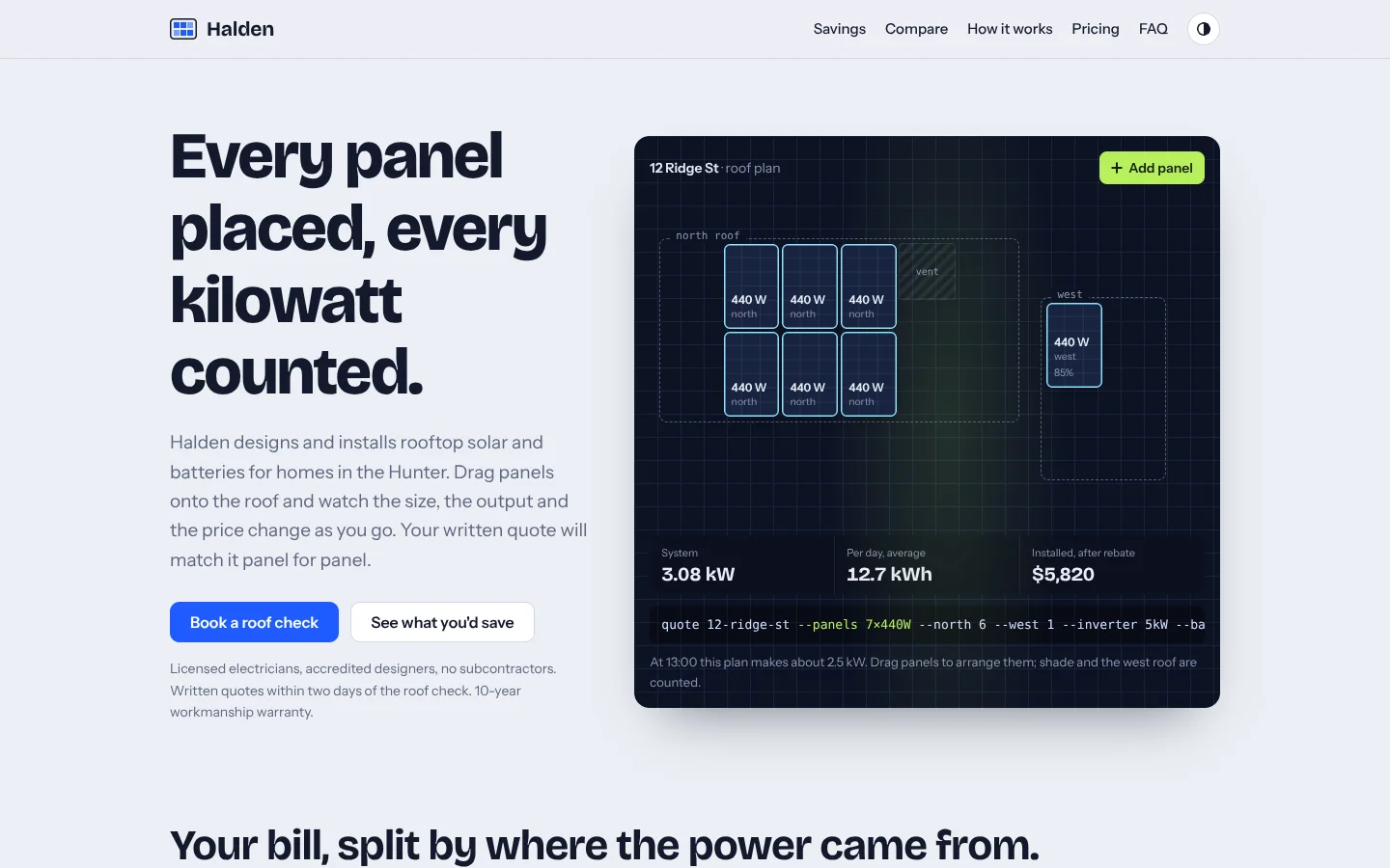 Signal template home page: a heavy sentence headline beside a dark gridded roof planner