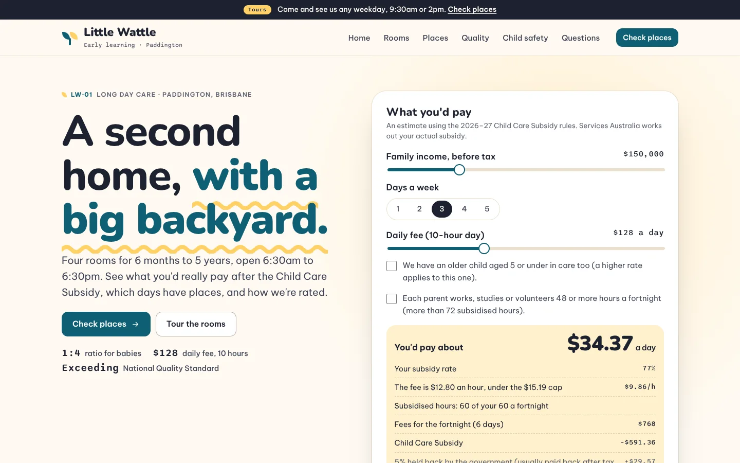 Sprout template home page: a rounded heavy headline 'A second home, with a big backyard.' with the last words in pond blue over a wobbly yellow crayon line, beside a subsidy estimate with sliders for income and daily fee, days a week, and a yellow panel reading 'You'd pay about $34.37 a day' with the subsidy rate, hourly cap and the 5% held back