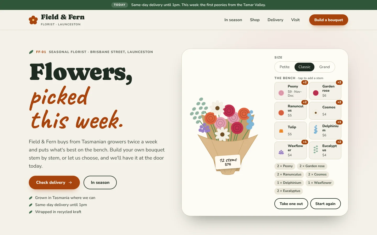 Stem template home page: a round deep-green headline ending in marigold handwriting beside a card with a bouquet of roses, peonies, daisies, delphiniums and eucalyptus in a kraft wrap tagged 12 stems, $76, and a bench of eight stems to add, on linen