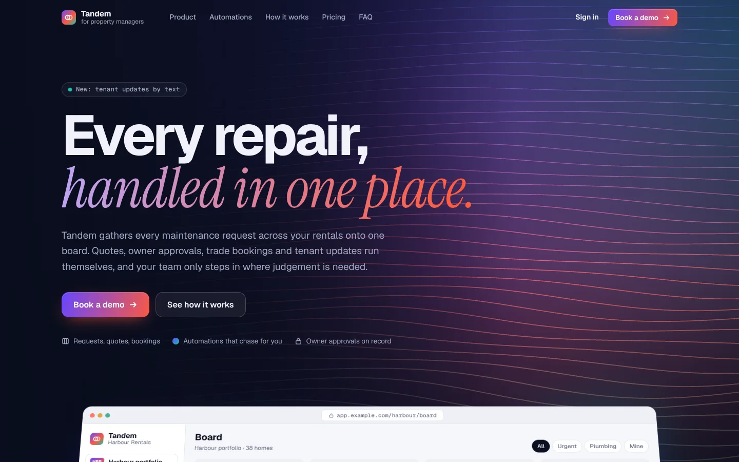Strata template home page: a navy band of flowing lines, a headline with a serif italic phrase and a tilted product board