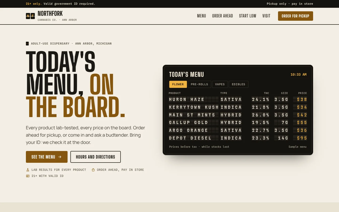 Tableau template home page: tall capitals ending in brass, and a black split-flap menu board with product names, types, potency and amber prices