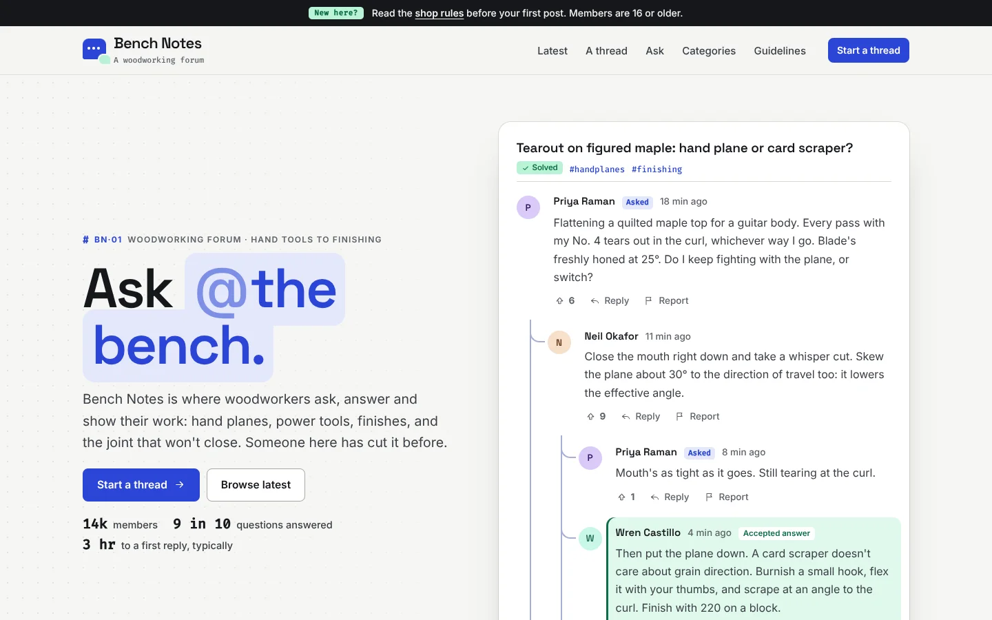 Thread template home page: a grotesk headline 'Ask @the bench.' with the last words in an ultramarine mention pill, beside a discussion card where replies hang off a thin blue thread line and the accepted answer is shaded mint, each post with vote, reply and report buttons