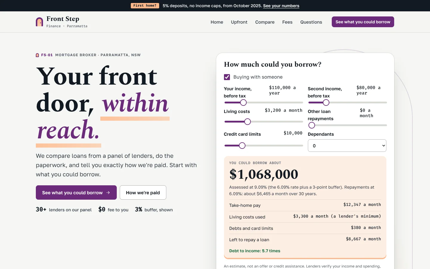 Threshold template home page: a serif headline 'Your front door, within reach.' with the last words in plum italics over an apricot step, beside a borrowing estimate with income, living cost and card limit sliders and an apricot panel reading 'You could borrow about $1,068,000, assessed at 9.09%'