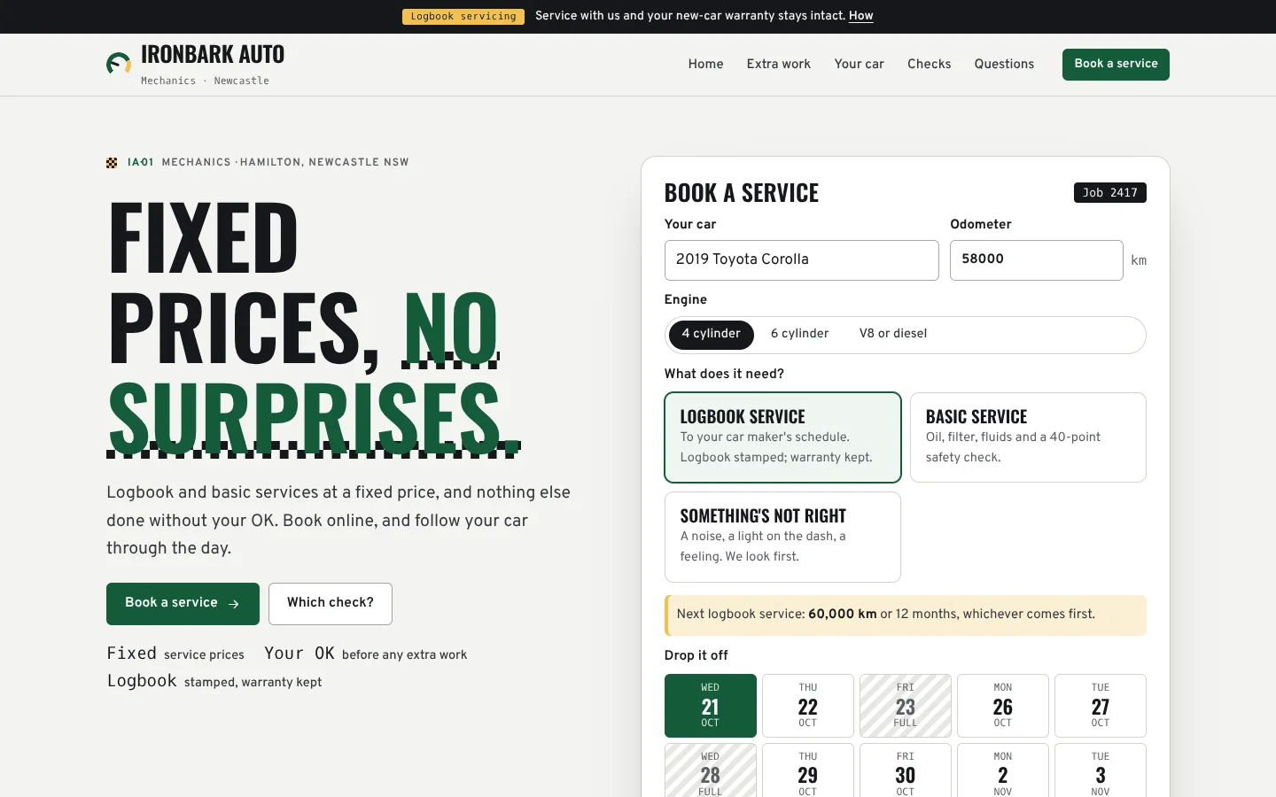 Torque template home page: an uppercase headline 'Fixed prices, no surprises.' with the last words in green over a chequered strip, beside a service booking with a car, odometer, engine, service choices, the next logbook service at 60,000 km, a grid of drop-off days with two full, and a fixed price of $329