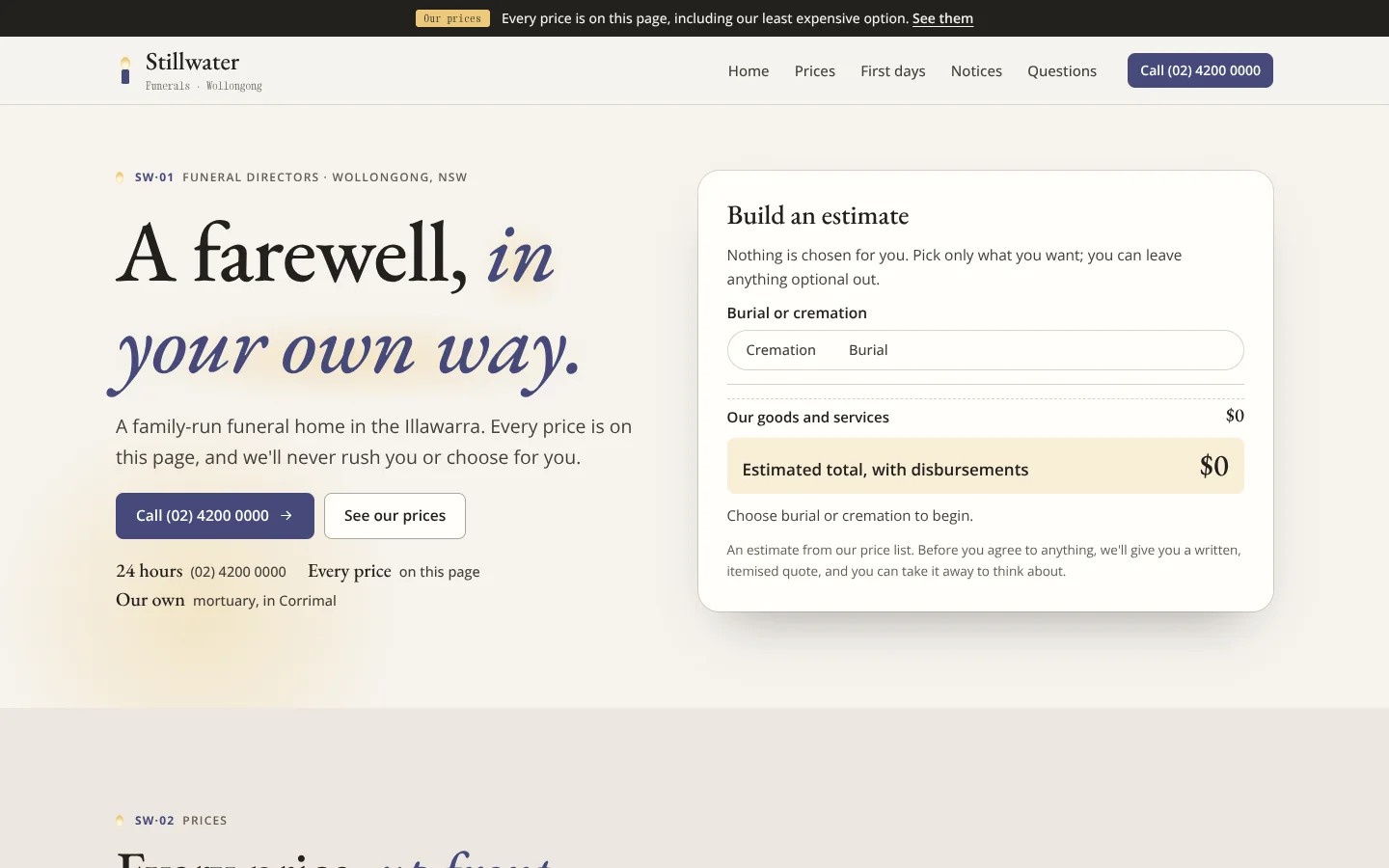 Tribute template home page: a serif headline 'A farewell, in your own way.' with the last words in indigo italics softly candlelit, beside an estimate builder that asks burial or cremation first, with nothing chosen and a total of $0