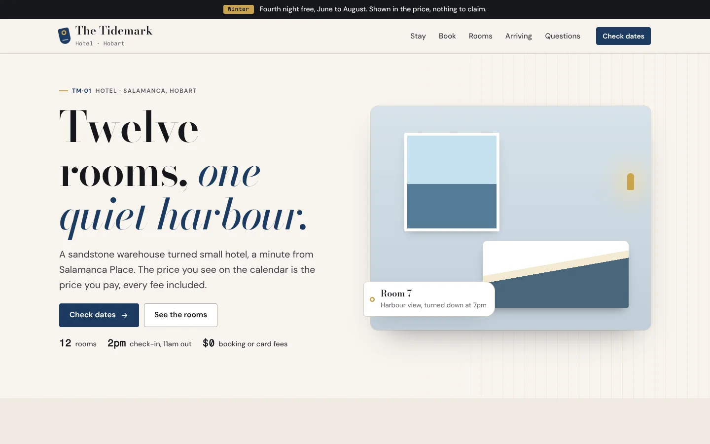 Turndown template home page: a high-contrast serif headline 'Twelve rooms, one quiet harbour.' with the last words in navy italic, beside a drawn hotel room with a window over the water, a bed with its sheet turned down, a glowing lamp, and a key tag reading 'Room 7'