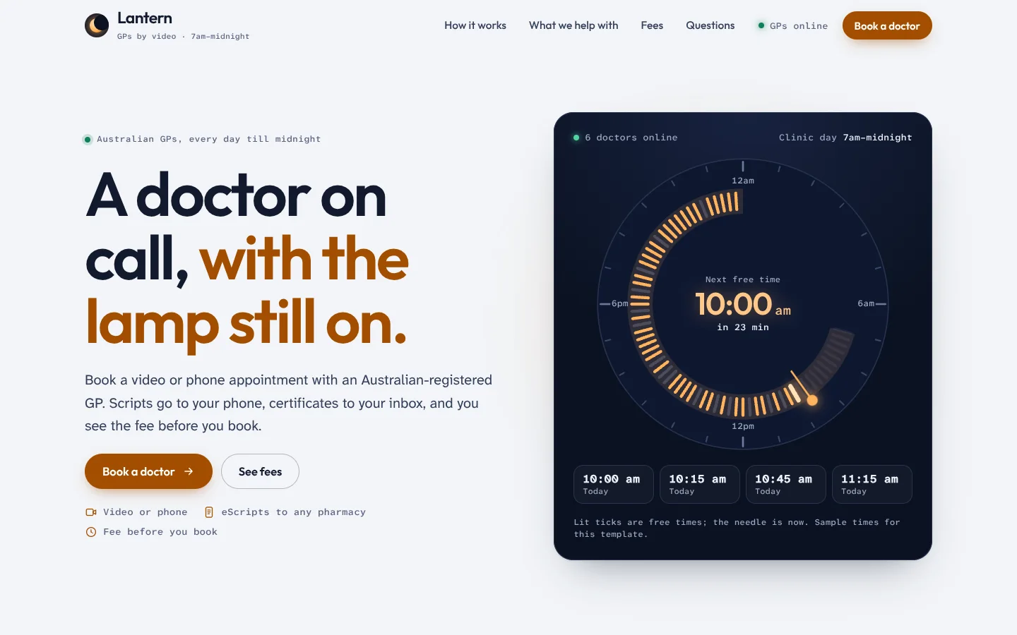 Vigil template home page: a calm round headline ending in amber, and a night dial showing the clinic's day with every free appointment time lit and a lamp needle on now